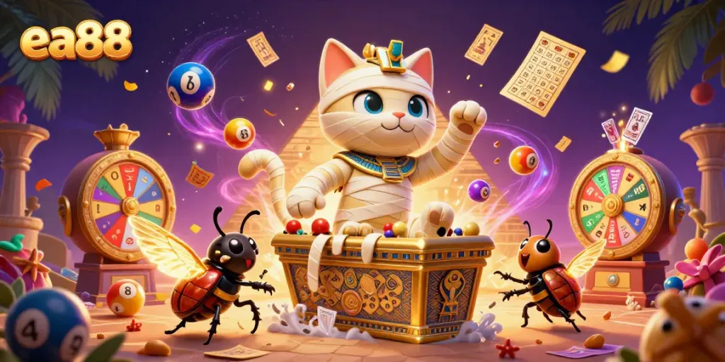ea88 themed illustration with vibrant casino elements featuring a mummy cat and scarab beetle.