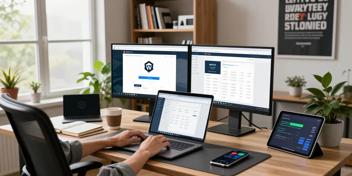 Explore WPS Download in a modern home office setup with dual screens, laptop, and productivity tools.