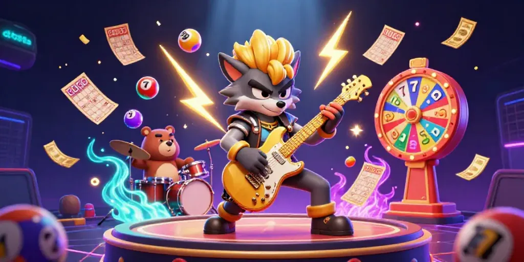 Engage with dh88a's vibrant casino experience featuring an energetic rock star wolf and dynamic game elements.