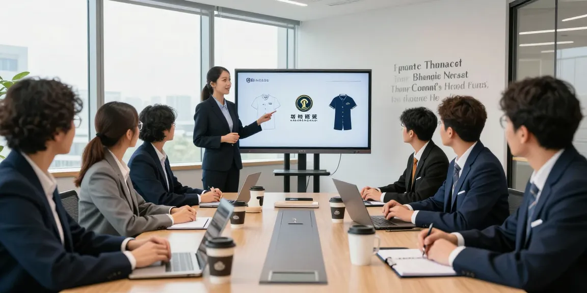 Company uniforms worn by a diverse team collaborating in a modern office.