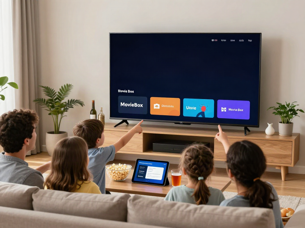 Family enjoying movie night with Movie Box download displayed on TV.