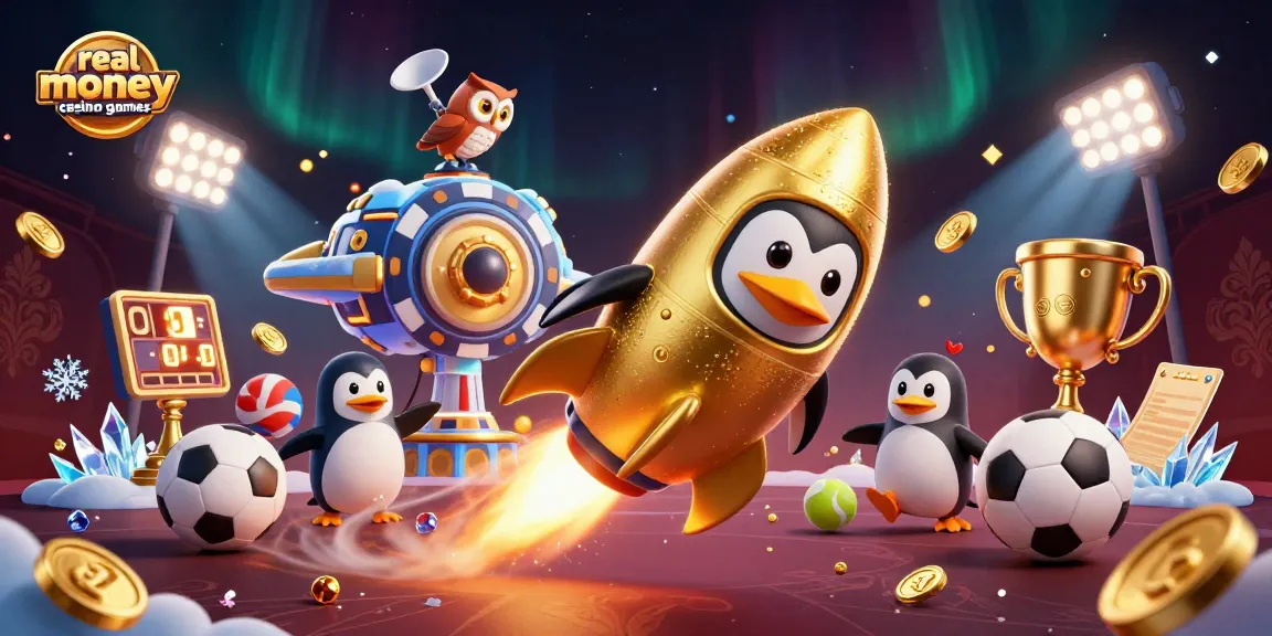 Experience thrilling real money casino games with a dynamic scene featuring a golden penguin and casino elements.